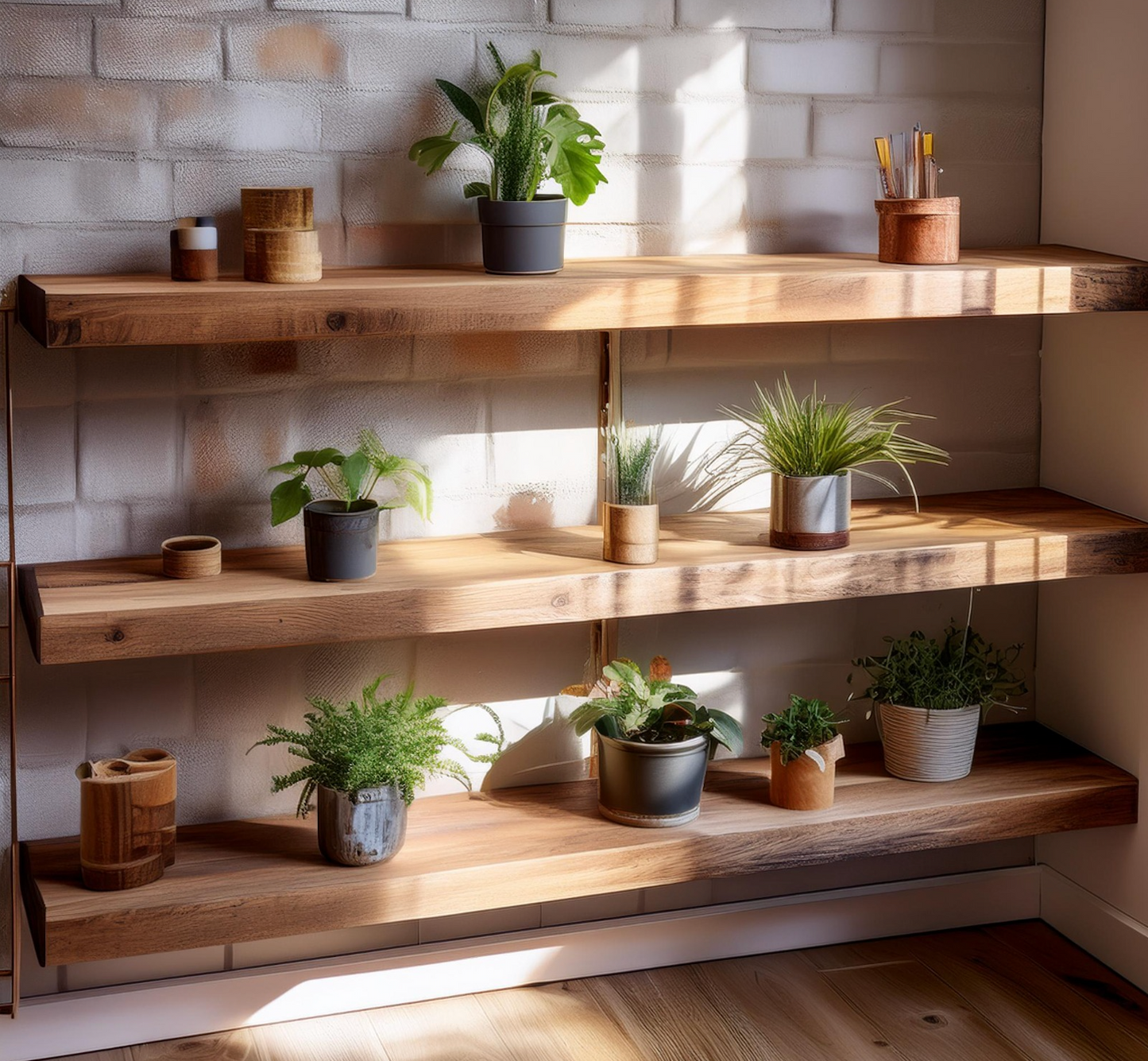 Handmade Oak Leaf Live Edge Floating Shelves with Brackets